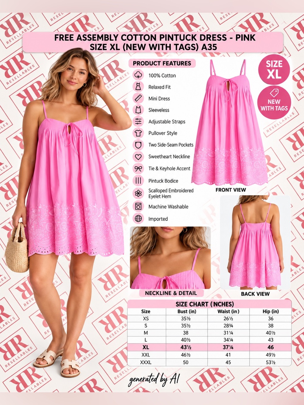 FREE ASSEMBLY COTTON PINTUCK MINI DRESS - PINK SIZE X-LARGE (NEW WITH TAGS) A35
